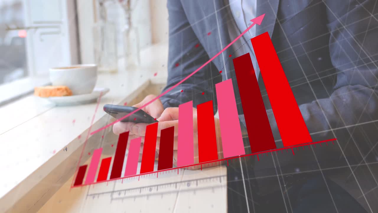 Animation of statistical data processing over mid section of businessman using smartphone at a cafe
