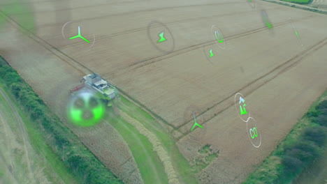 digital agriculture technology animation overlay on farmland from drone perspective