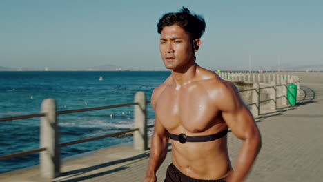 running, fitness and asian man with music