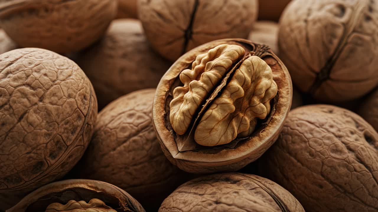 A Close-Up View of Walnuts Highlighting the Intricate Details of Their Shells and Nutmeats, Exploring Nature's Design in Culinary Treasures