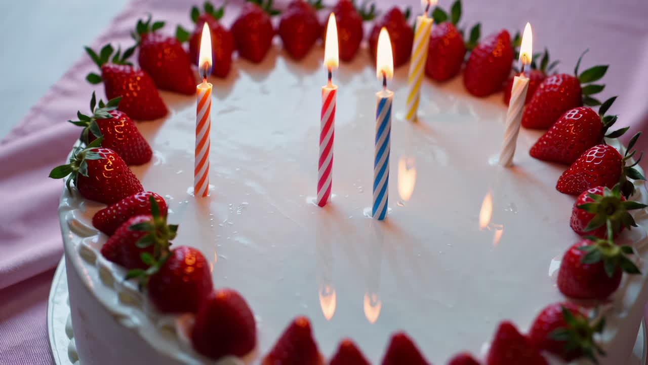 Birthday Cake with Strawberries and Lit Candles