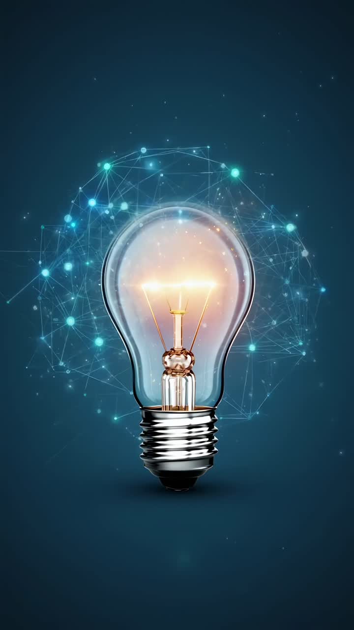 Una lampadina con filamento incandescente, circondata da nodi digitali, ripresa frontalmente.