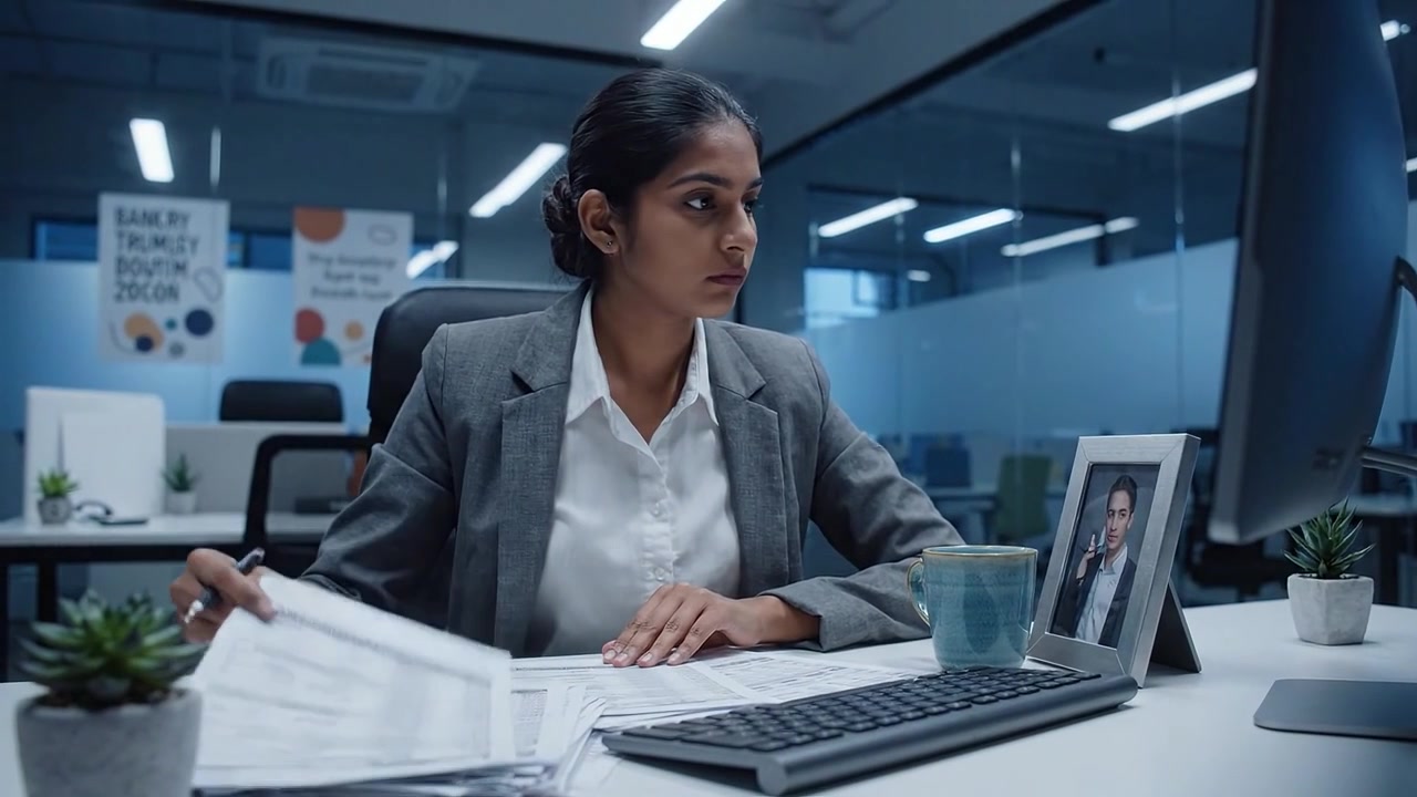 Focused Professional Analyzing Documents in Modern Office Setting with Computer, Desk Accessories, and Plant Enhancements in Daytime Environment
