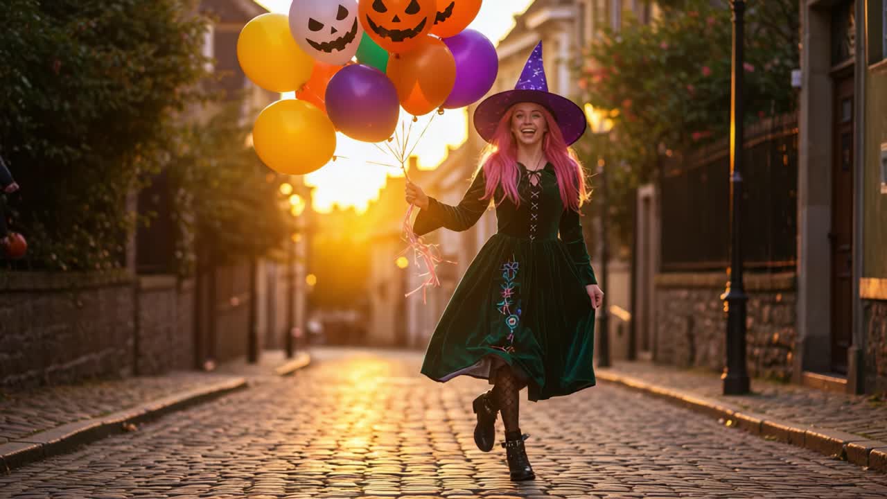 A Joyful Witch Celebrating Halloween with Colorful Balloons in a Charming Sunset Street Scene, Embracing the Spirit of Festivity and Fun in the Autumn Glow