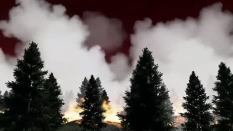 eerie wilderness: a haunting transition from day to night captured through a lush forest surrounded by thick smoke, suggesting an unseen disaster awaiting beyond the trees