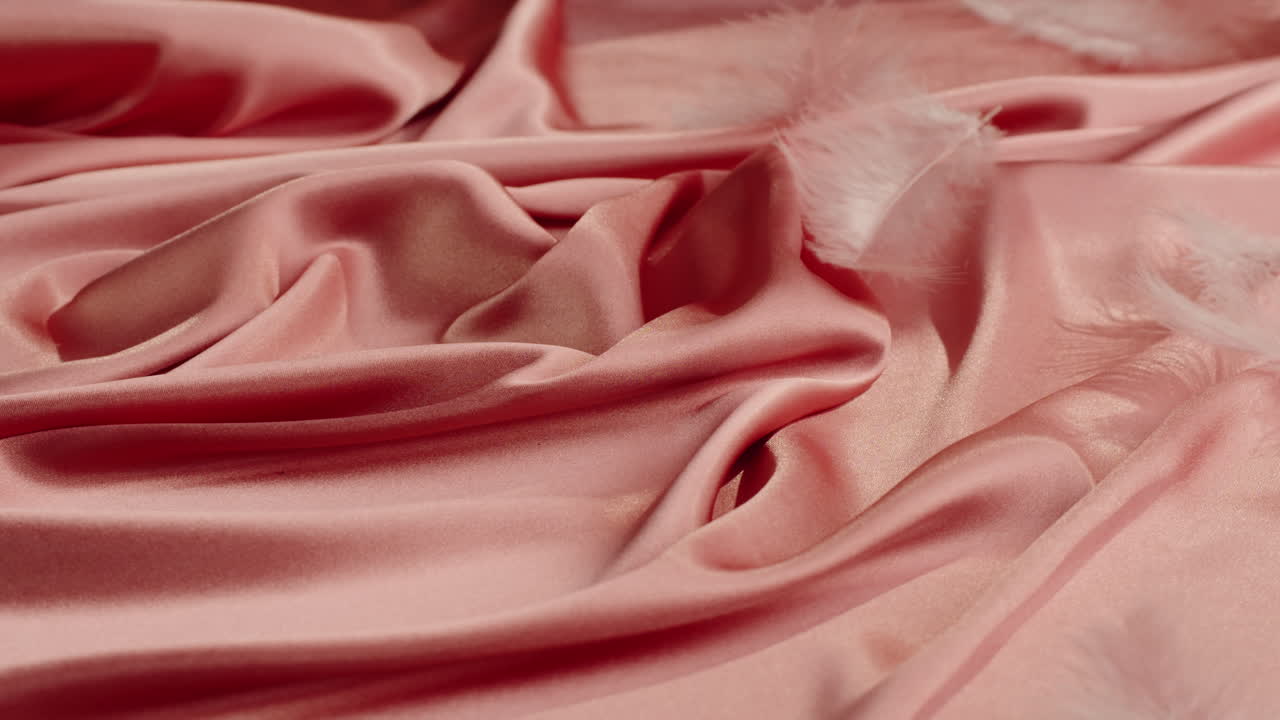Pink Satin Fabric with White Feathers