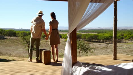 vista trasera de una pareja apuntando a la vista en un día soleado 4k