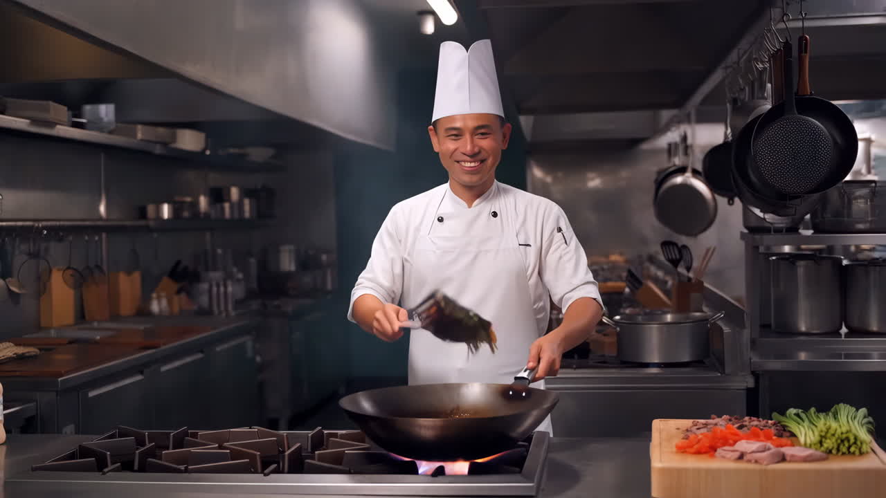 A chef stir-frying food in a professional kitchen