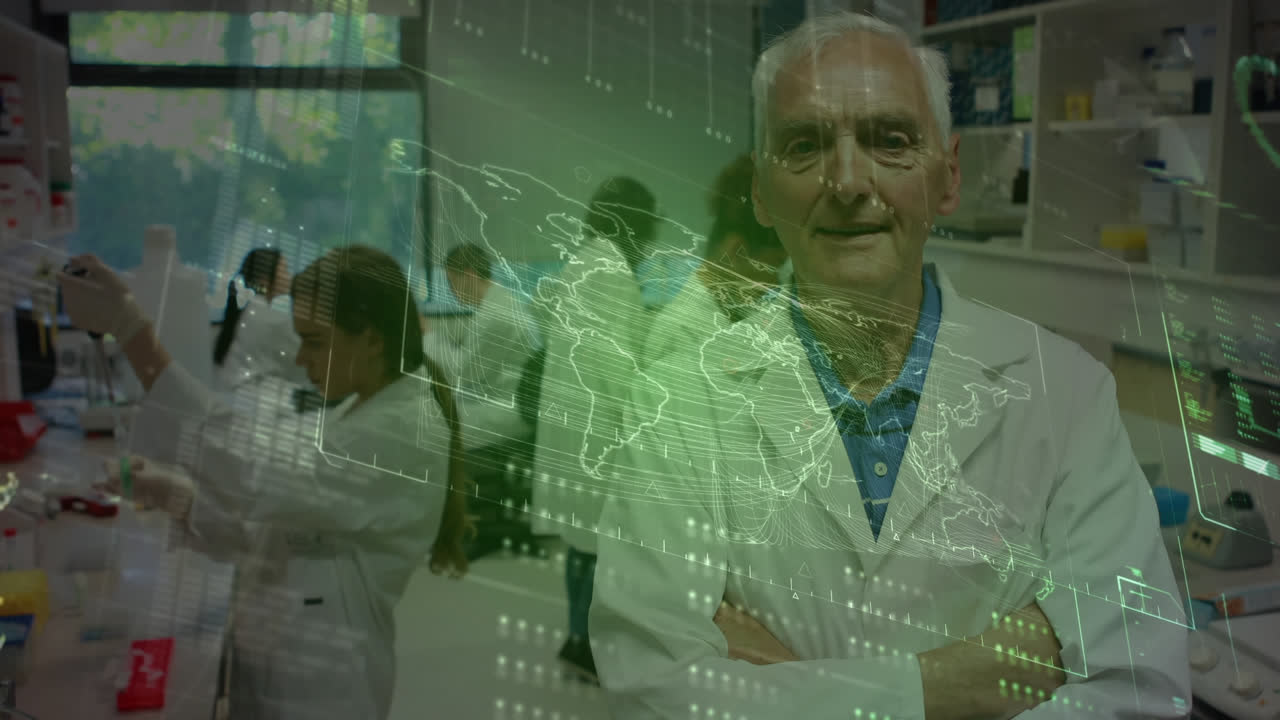 실험실에서 다양한 과학자들에 대한 세계 지도와 함께 데이터 처리의 애니메이션
