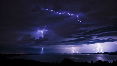 multiple lightning strikes over a lake at night during a thunderstorm