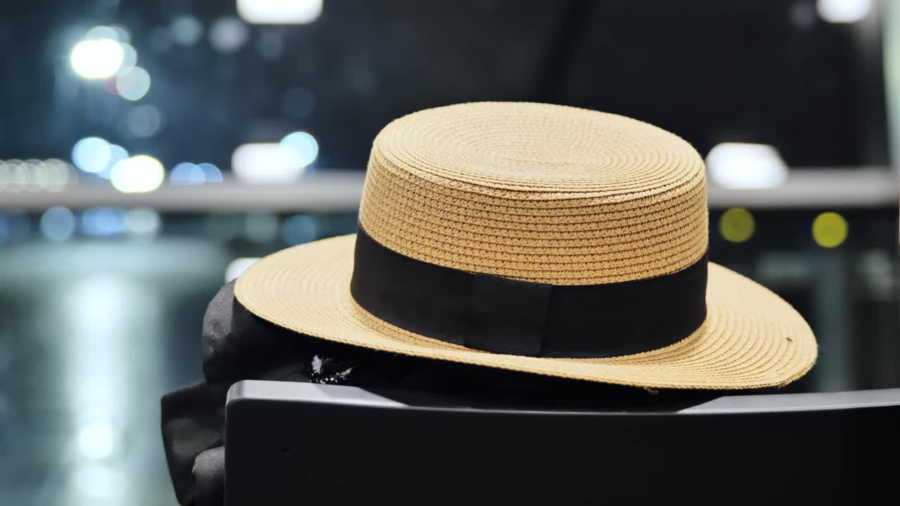 Passaggio di messa a fuoco morbido su un cappello di paglia appoggiato su un sedile all'aeroporto di Riga, Lettonia, di notte