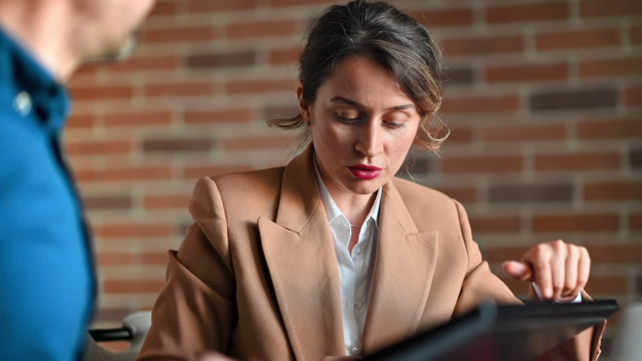 Man and woman discussing plans on a screen at the table, in an office