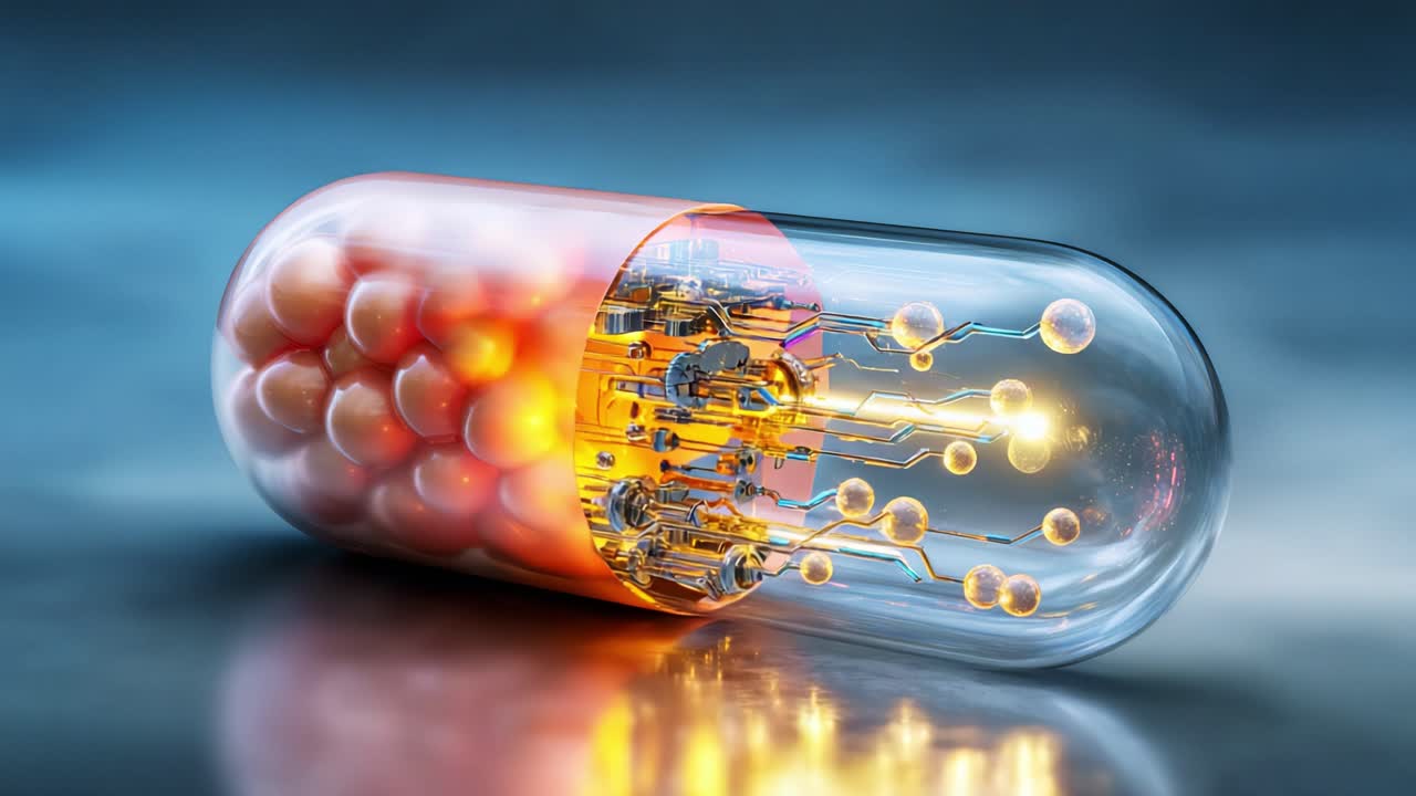 A futuristic capsule blending organic and technological elements, showcasing a transparent exterior with glowing spheres and intricate circuit patterns inside, representing advanced medical innovation