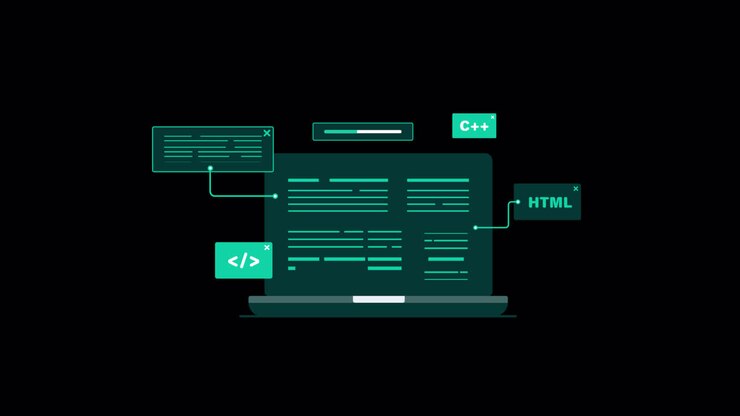 Animated Laptop Displaying Code and Programming Languages