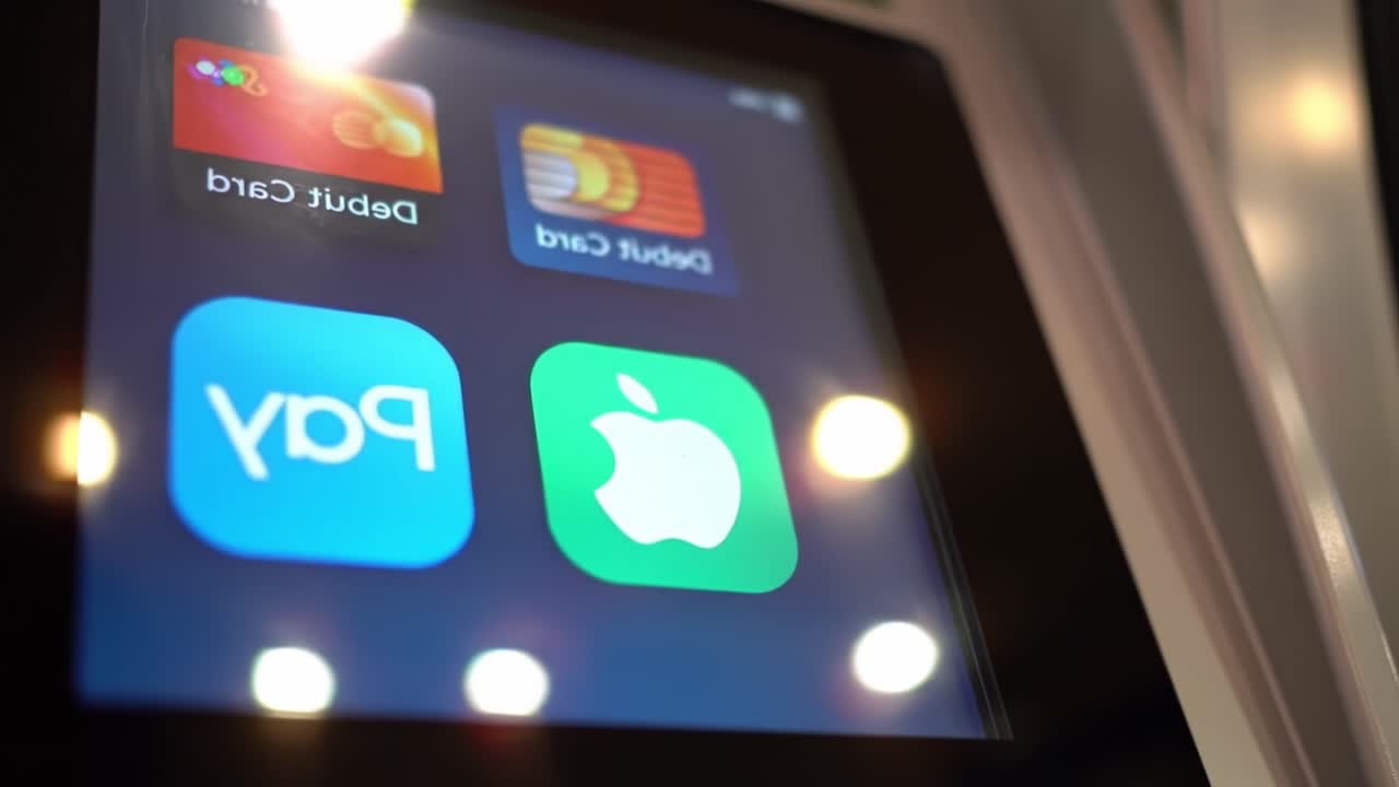 A Close-Up View of a Digital Payment Interface Featuring Icons for Debit Card, Apple Pay, and Payment Options in a Modern Touchscreen Setting
