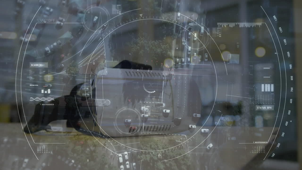 animación de procesamiento de datos y auriculares vr sobre el paisaje urbano