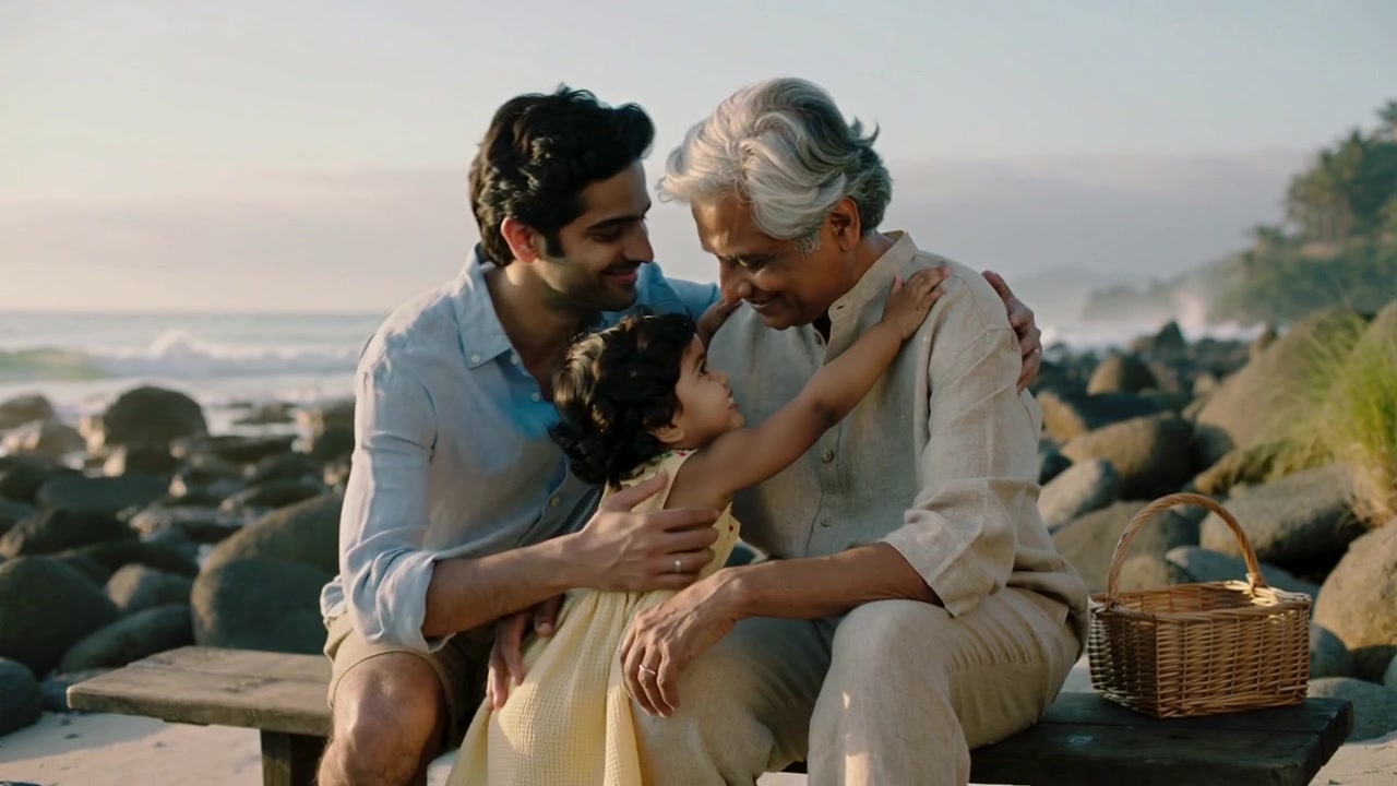 Arriving family hugging granddad, son holding grandchild in yellow dress on bench by ocean, basket