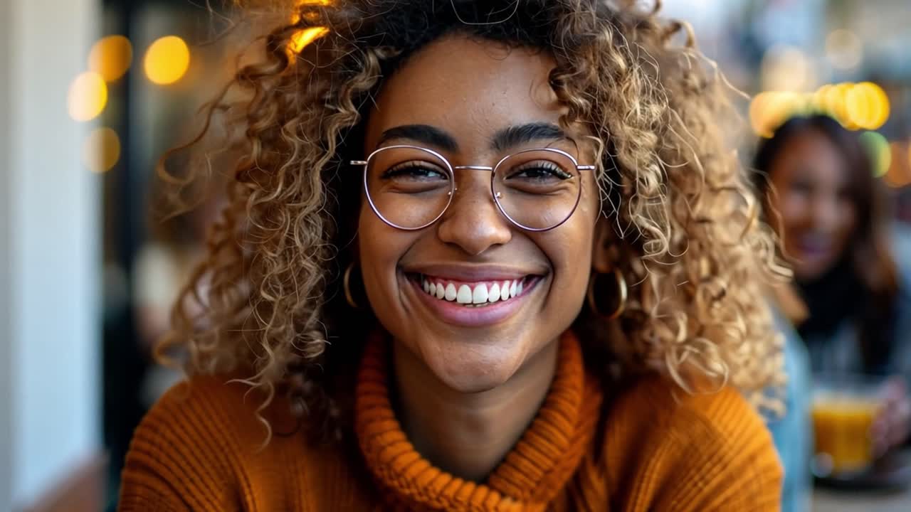 Close-up Portrait of a Smiling Woman with Curly Hair and Glasses