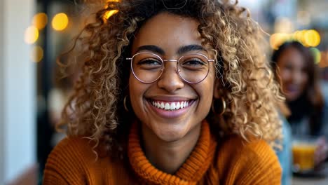 close-up portrait of a smiling woman with curly hair and glasses