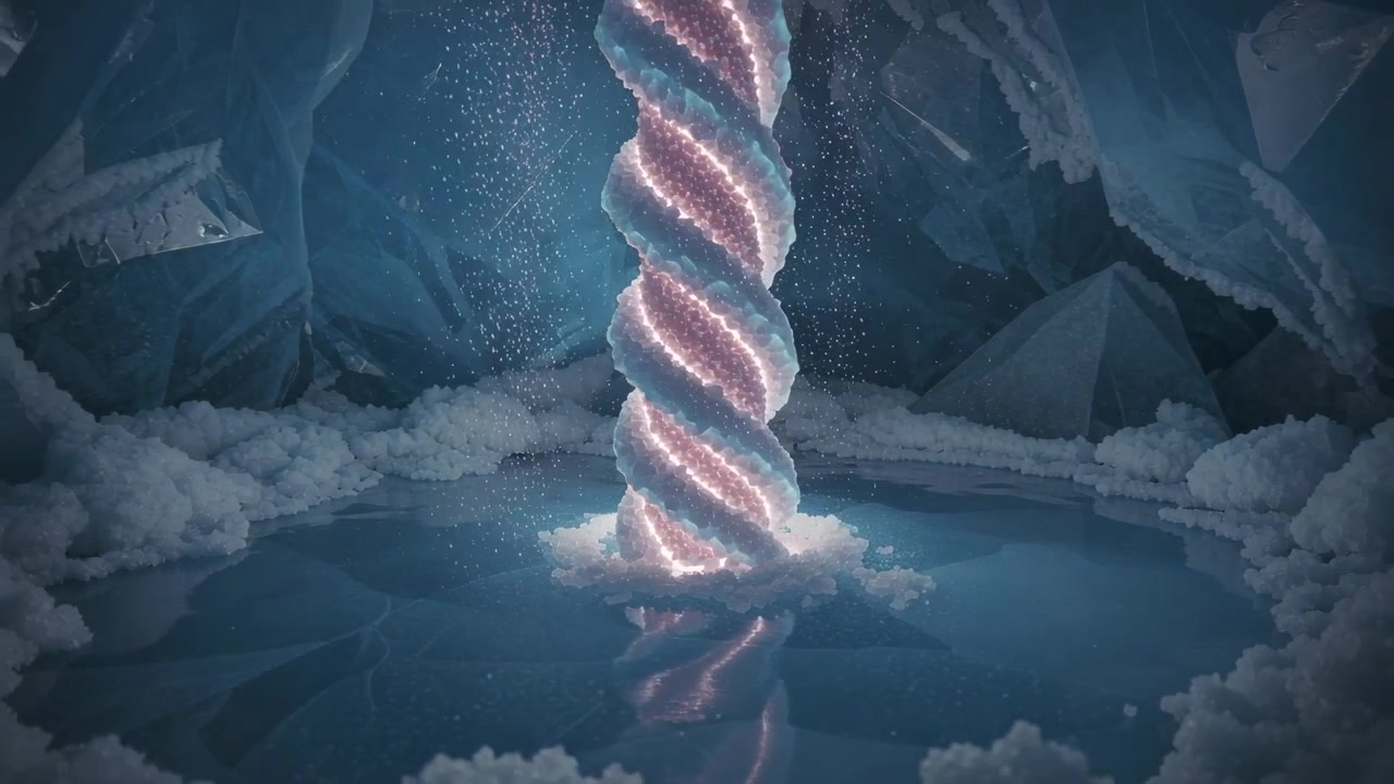 얼음 동굴 속 연못에서 맥동에 반응하며 밝아지고 불꽃을 내뿜는 솟아오르는 뒤틀린 빛의 기둥