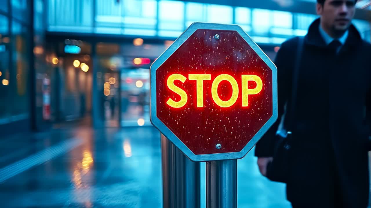 Segnale stradale saldo in zona trafficata. Un segnale di stop è chiaramente visibile in una scena stradale affollata con persone che passano sullo sfondo durante le ore serali.