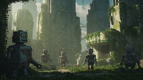 An Enigmatic Gathering: A Scene of Robots in a Futuristic, Overgrown Cityscape Reflecting Nature&#039;s Reclamation of Human Emotions and Technology