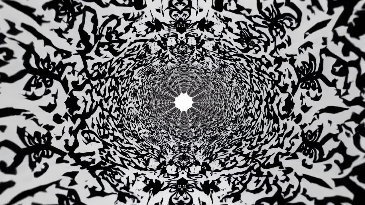 Tunnel astratto di motivi vorticosi in bianco e nero che convergono verso un centro luminoso, creando un flusso visivo ipnotico e una sequenza di movimento dinamica