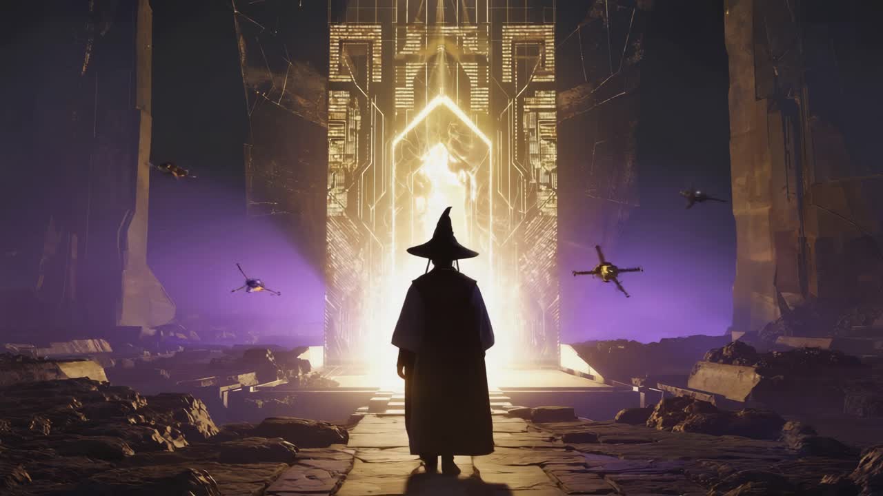 A wizard gazing at a futuristic portal