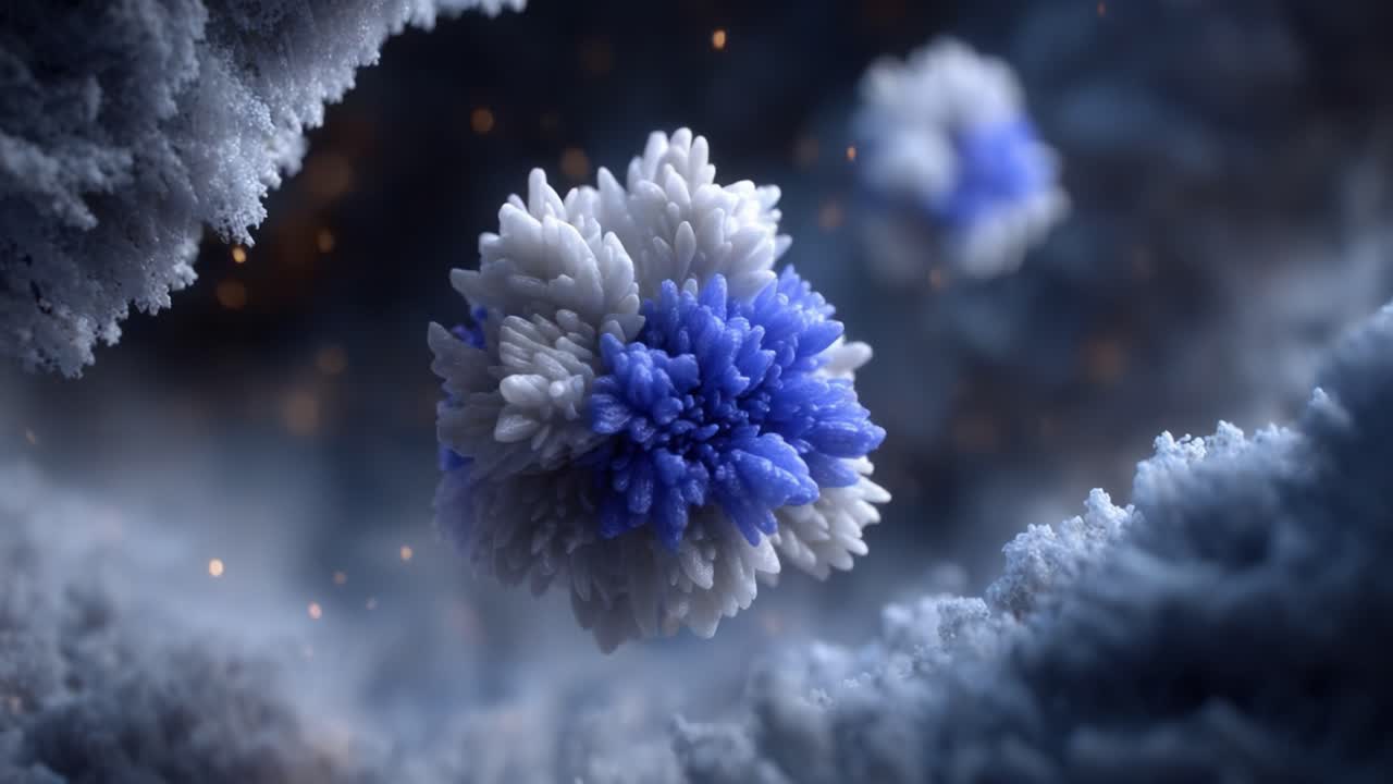 Strutture microbiche affascinanti: una visione ravvicinata di vivaci forme cristalline blu e bianche che fluttuano in un ambiente etereo e ultraterreno