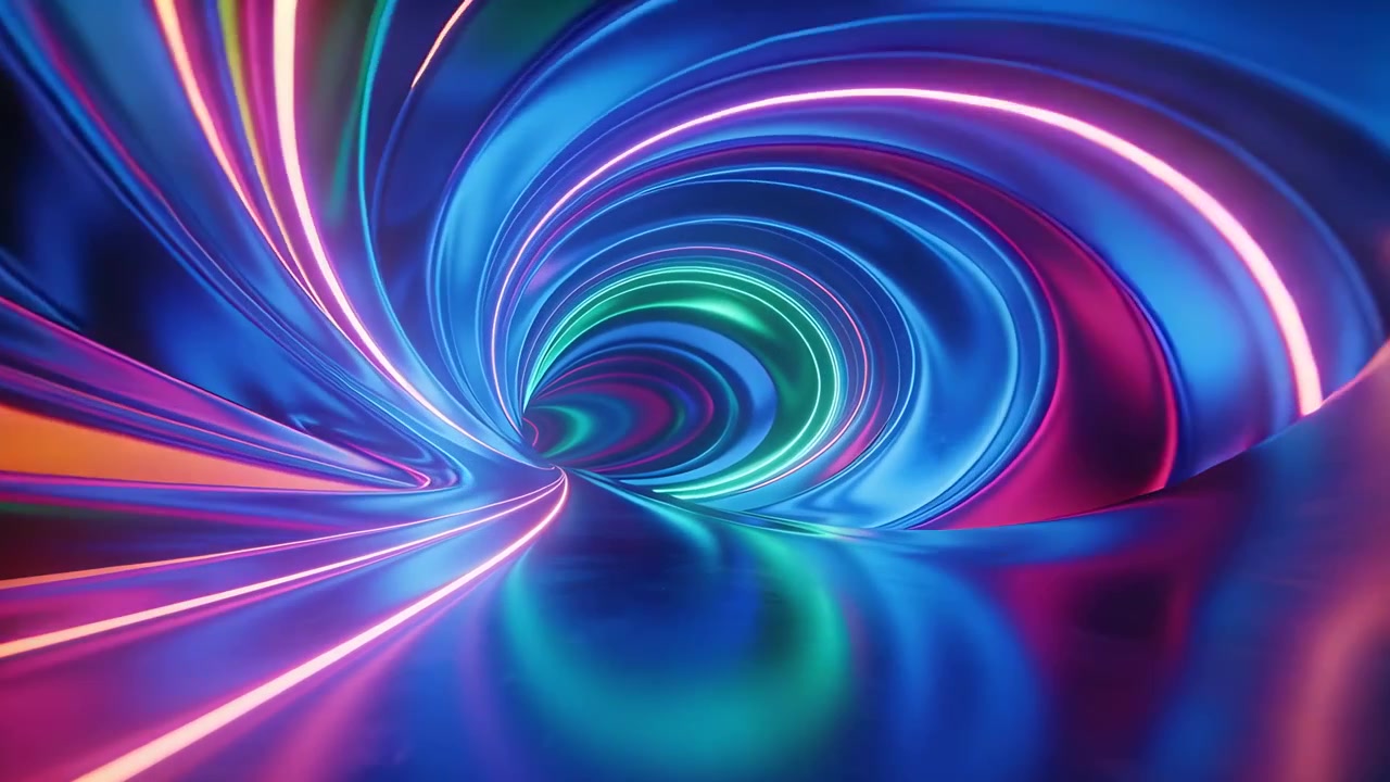 La telecamera inizia a scivolare attraverso un corridoio digitale a spirale, attirando lo spettatore verso l'interno con nastri al neon.