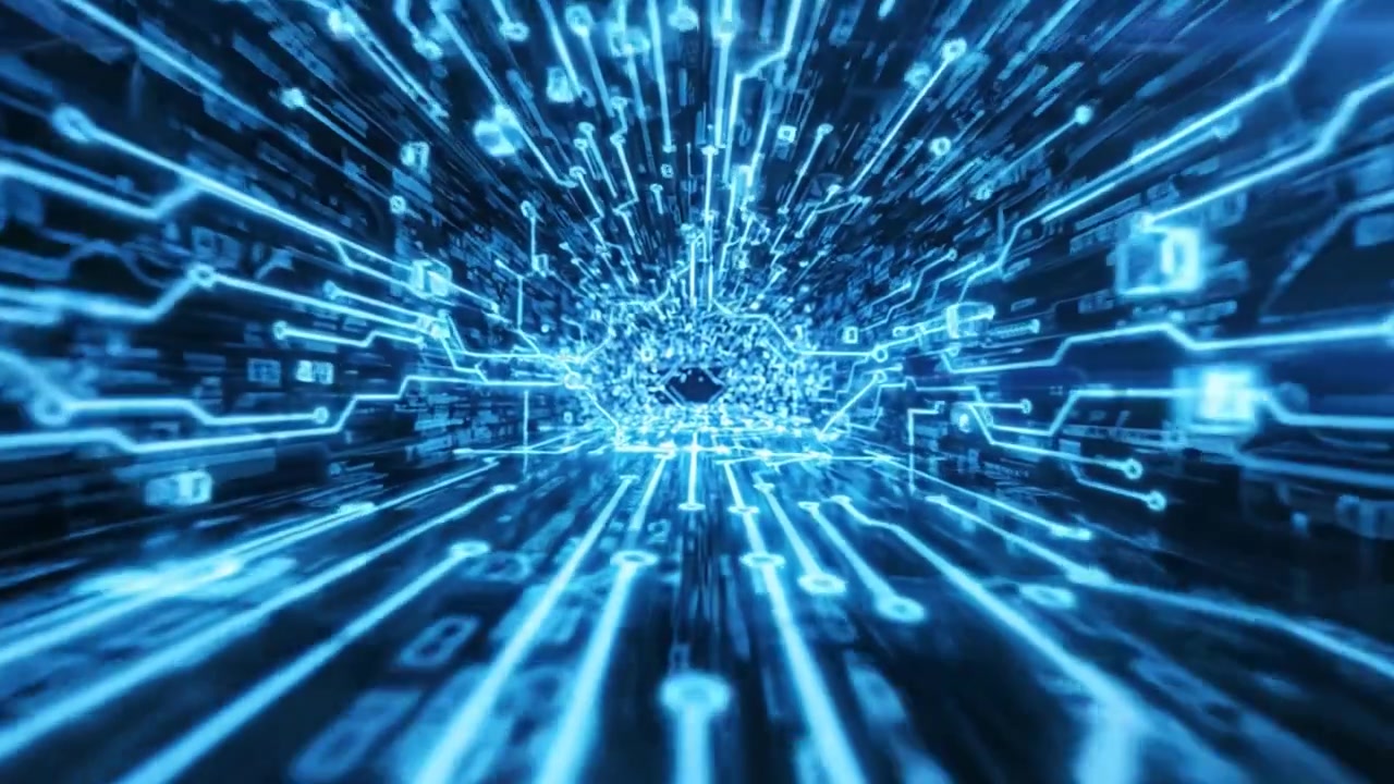 En dynamisk visualisering af dataflow og konnektivitet: Udforskning af digitale netværks dybder gennem fængslende blå lysmønstre og kredsløbsdesign.