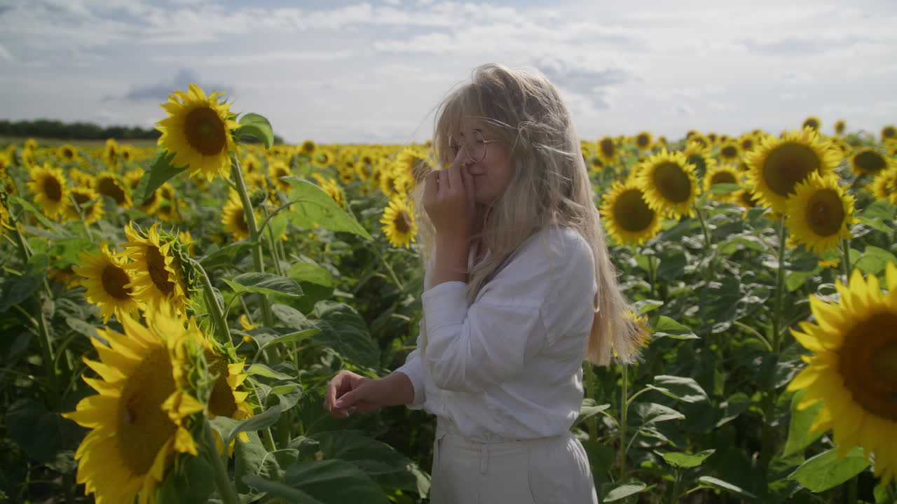 блондинка посреди желтого поля собирает и пахнет подсолнечными лепестками