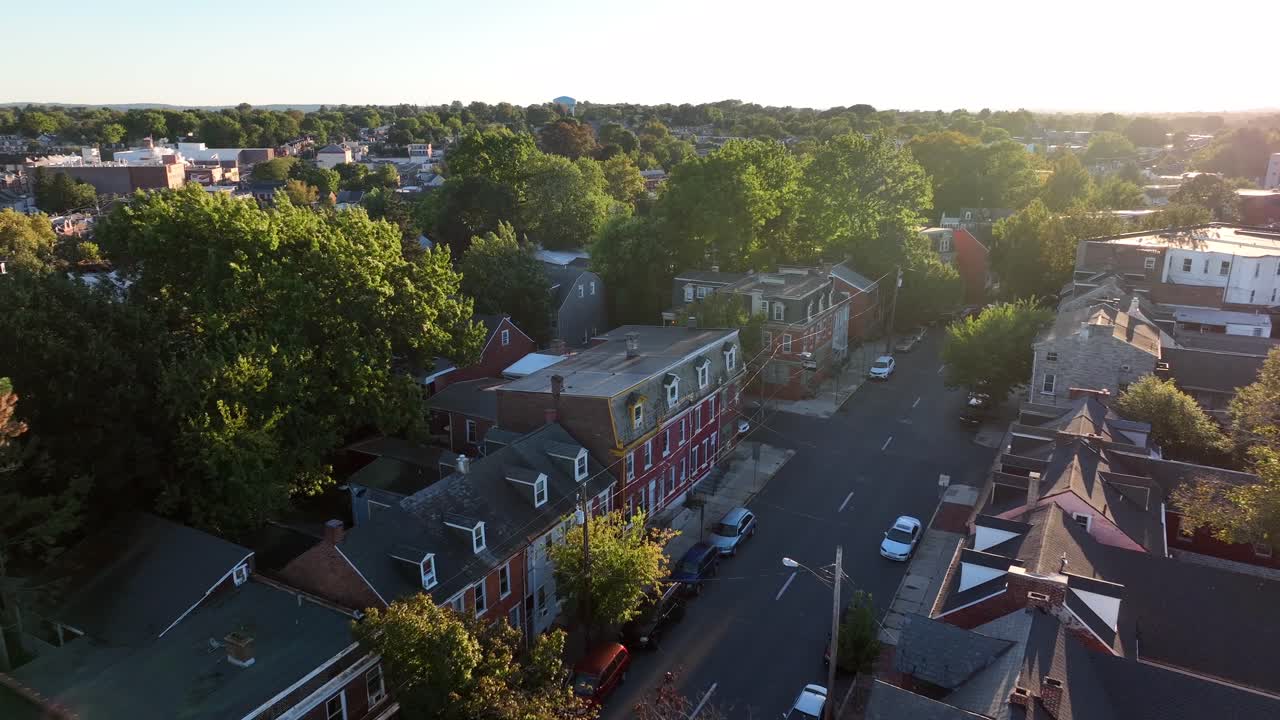 Aerial view of urban American city on bright sunny day