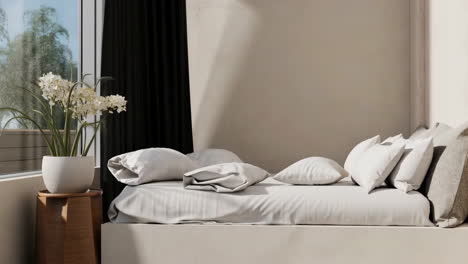 minimalist bedroom daybed corner with potted plant