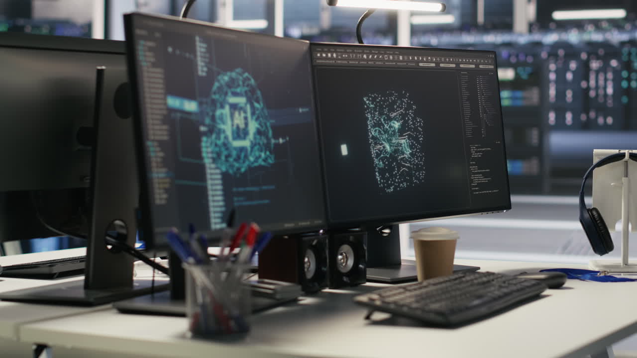 Vertical video Monitors displaying status of data center hardware supporting AI workflows