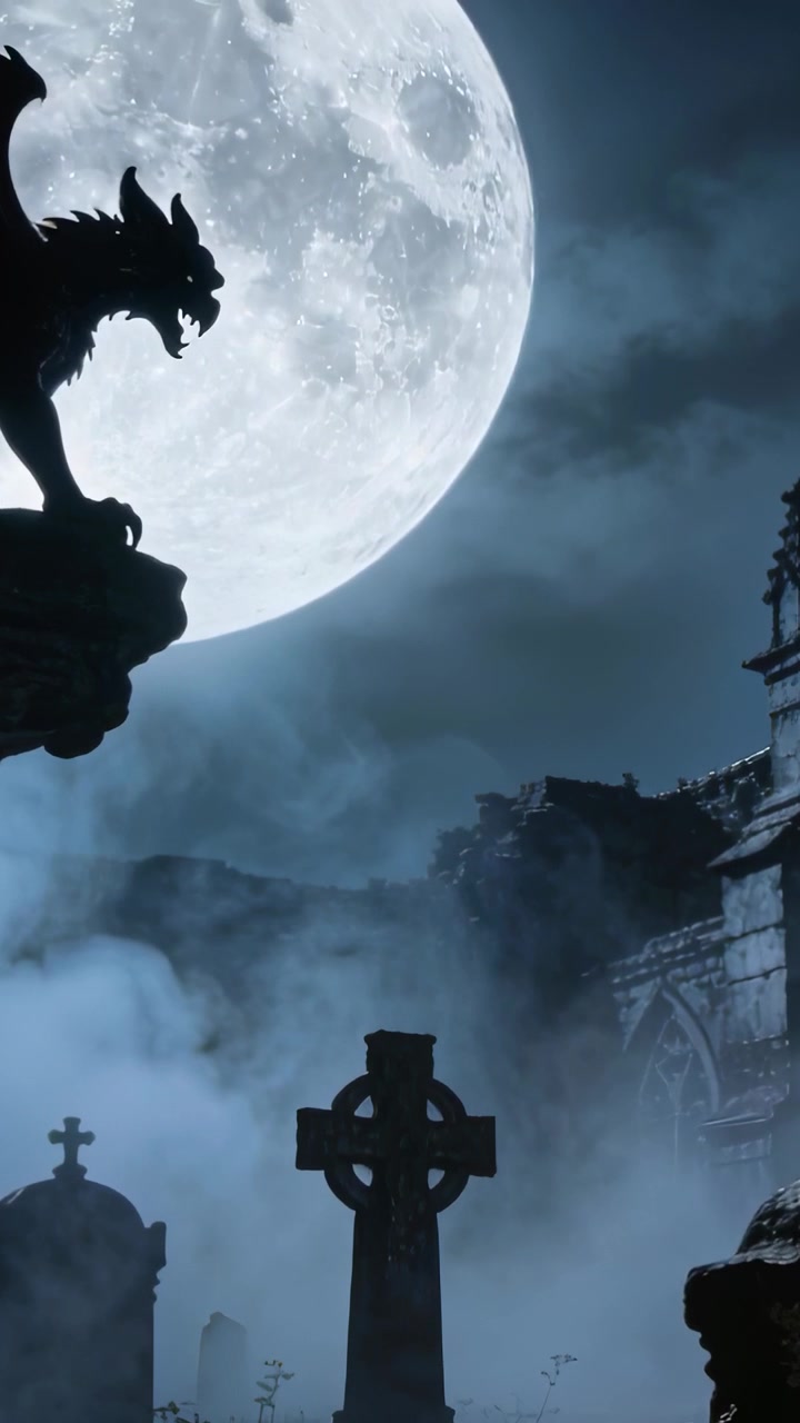 Video verticale: Nuvole che si muovono velando la luna piena, doccione appollaiato su una croce celtica, spazio per il testo.