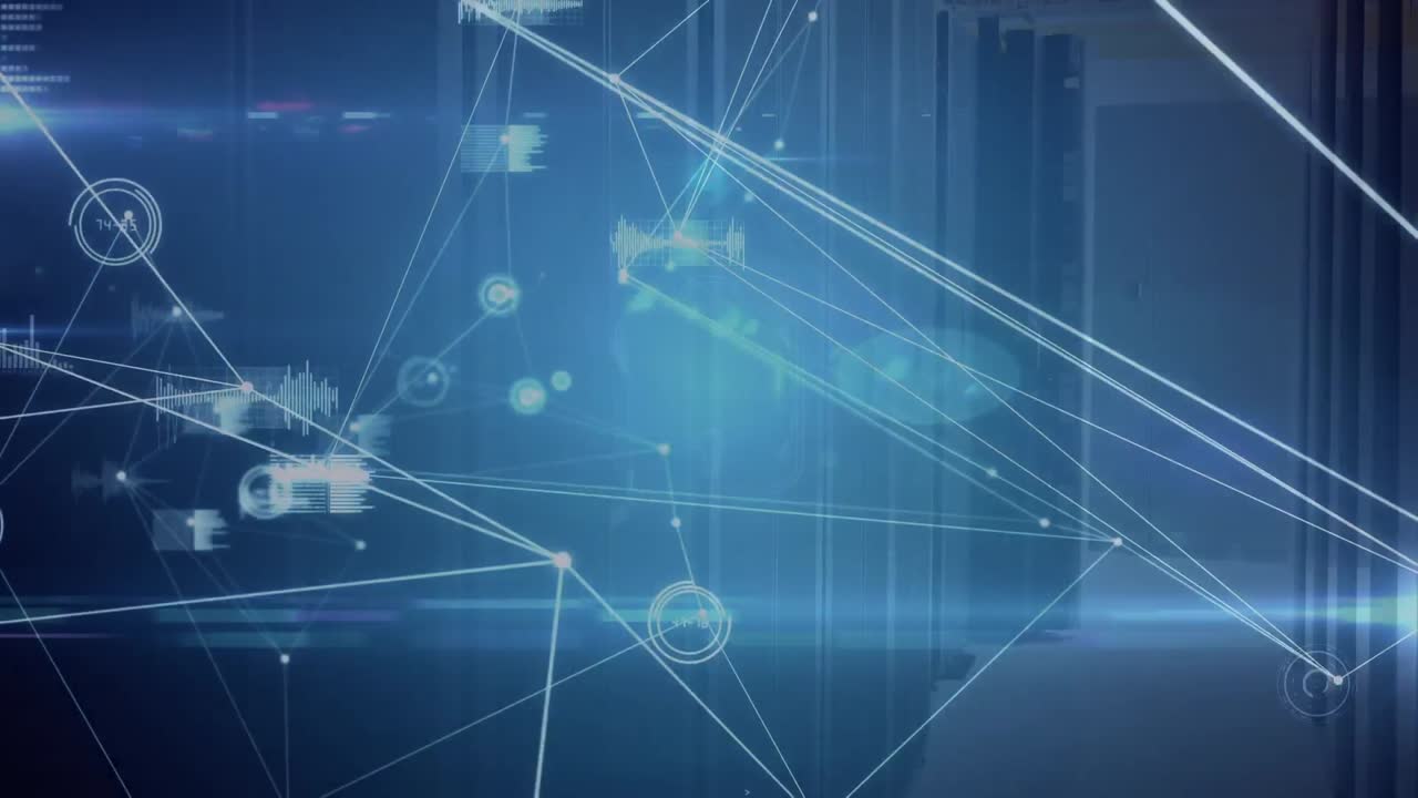 파란색 배경에 대한 빛 트레일에 대한 연결 네트워크와 데이터 처리의 애니메이션