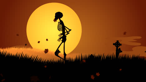 a scary, autumn night on the haunted, mysterious graveyard with dark silhouettes of spooky, old tombstones. the human skeletons are walking against bright. full moon.