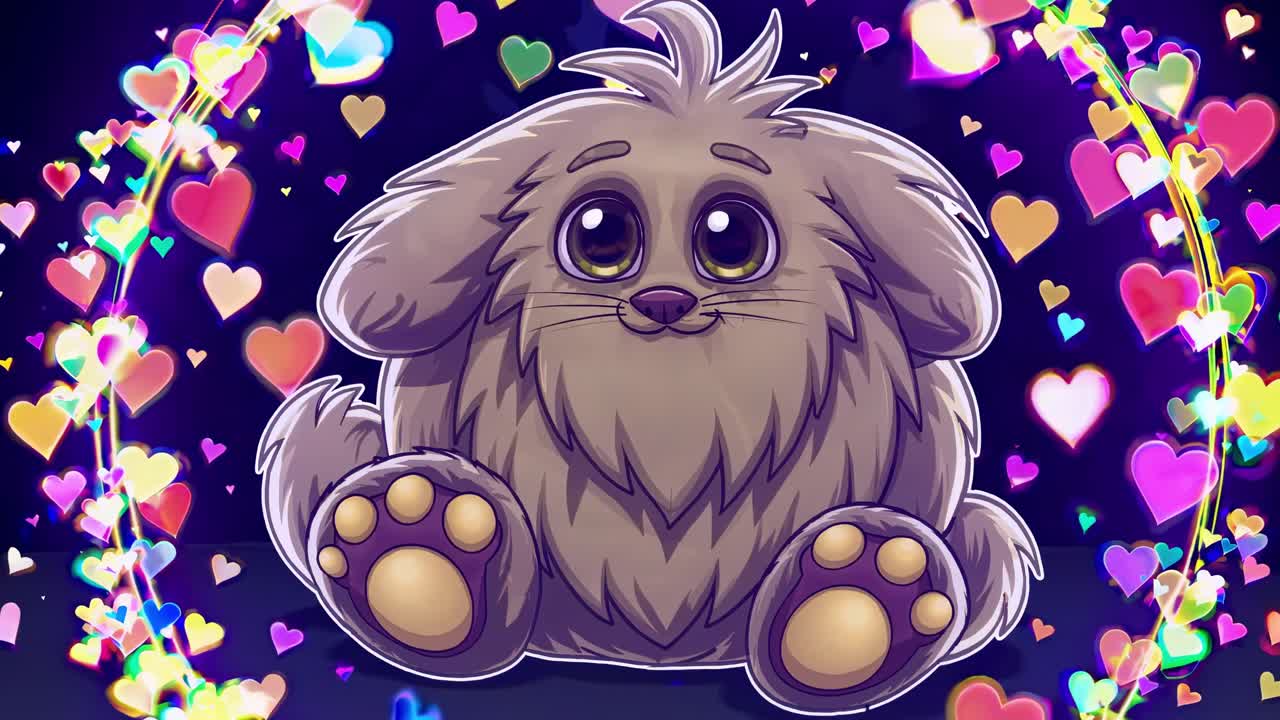 Whimsical magical creature resting peacefully, surrounded by vibrant color shifting hearts glowing against dark background, radiating cheerful fantasy energy