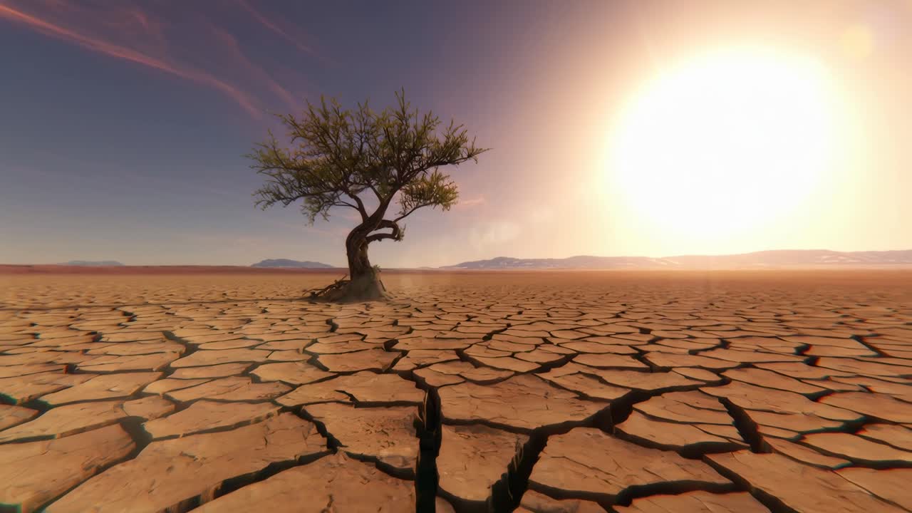 Ripresa video grandangolare di un albero solitario su terreno desertico screpolato sotto un sole cocente.