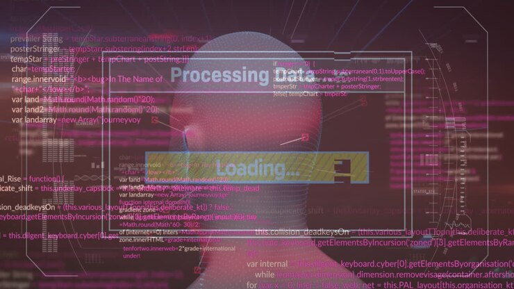 Animation of interface with data processing over spinning human head model against pink background