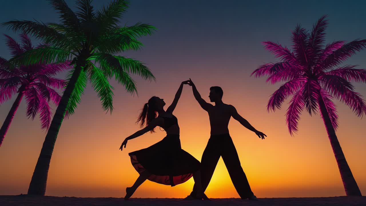 Romantic Silhouette Dance at Sunset Amidst Tropical Palms Capturing the Joy of Connection in a Vibrant Evening Atmosphere with Breathtaking Colors