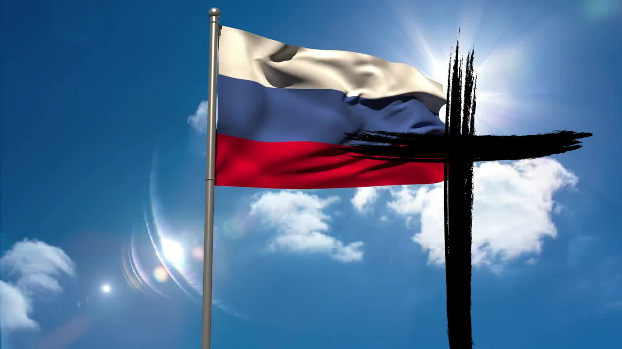 Waving Russian flag with black cross overlay against bright blue sky