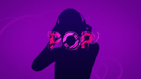 animation of pop text over silhouettes of dj on purple background