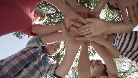 la familia levantando las manos