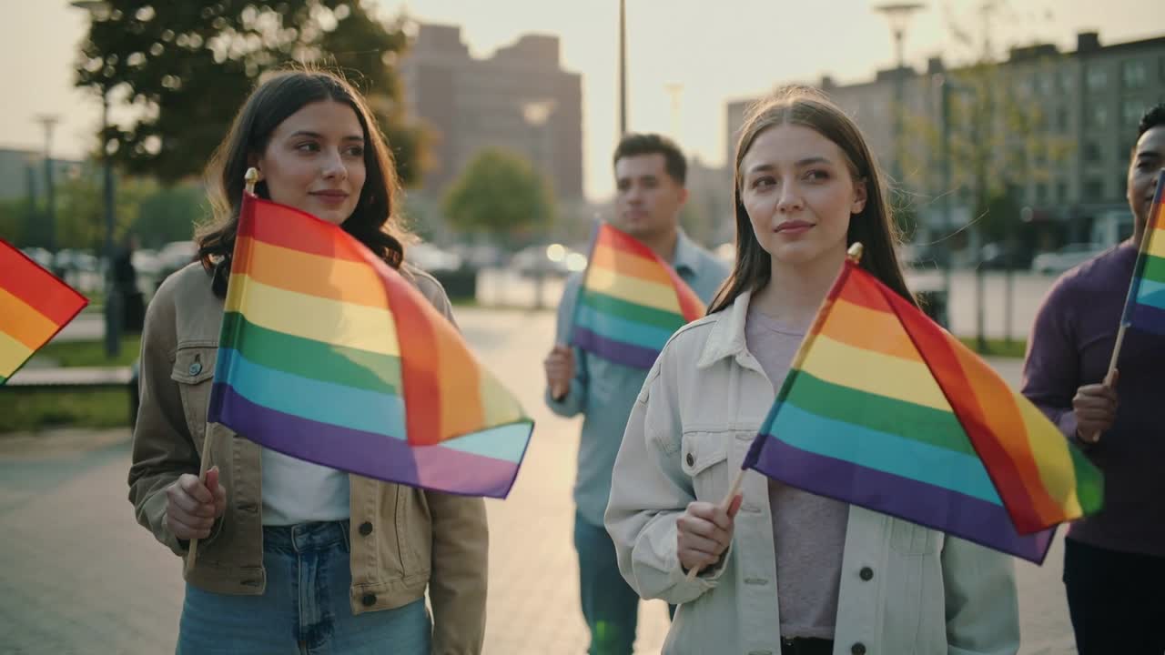 Two women starting awareness march, walking waterfront promenade holding rainbow flags