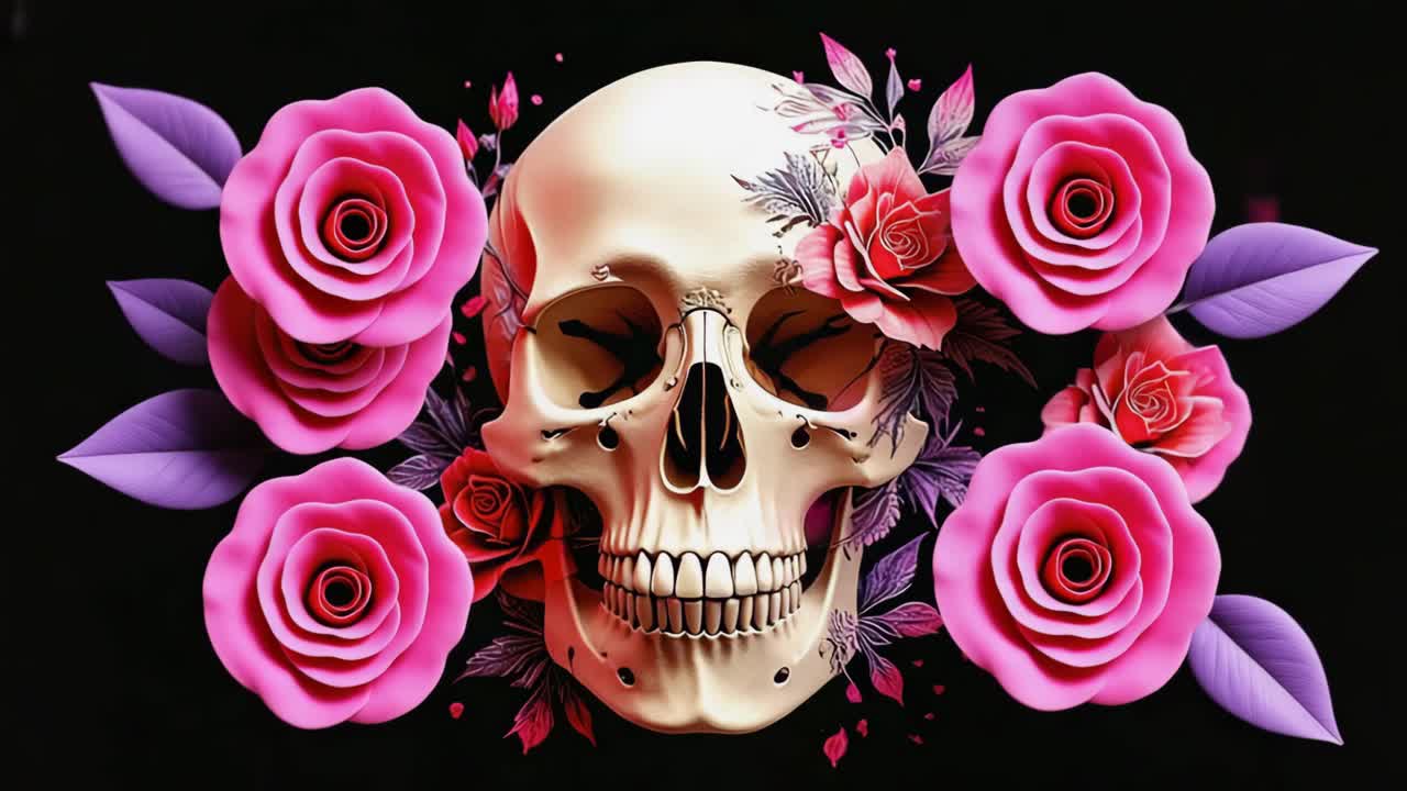 Skull Surrounded by Pink Roses