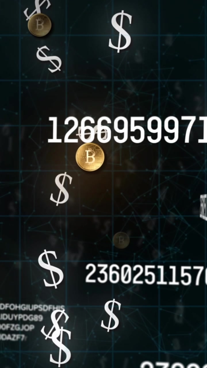 Izgara üzerinde değişen rakamların, Amerikan doları ve Bitcoin sembollerinin animasyonu.