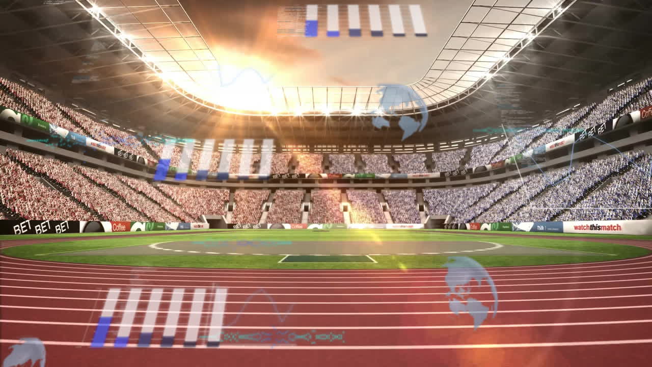 Stadium with track and field, data processing animation over cheering crowd