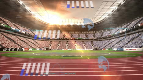 stadium with track and field, data processing animation over cheering crowd